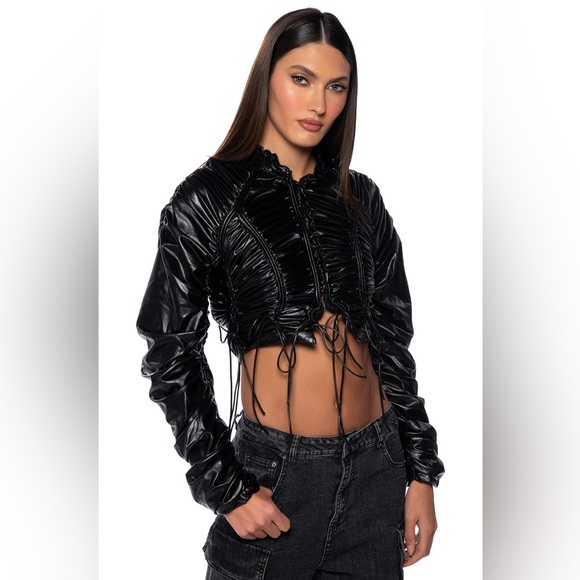 Akira, Black INTO THE MATRIX FAUX LEATHER RUCHED BLOUSE Jacket, Size M - Picture 3 of 8